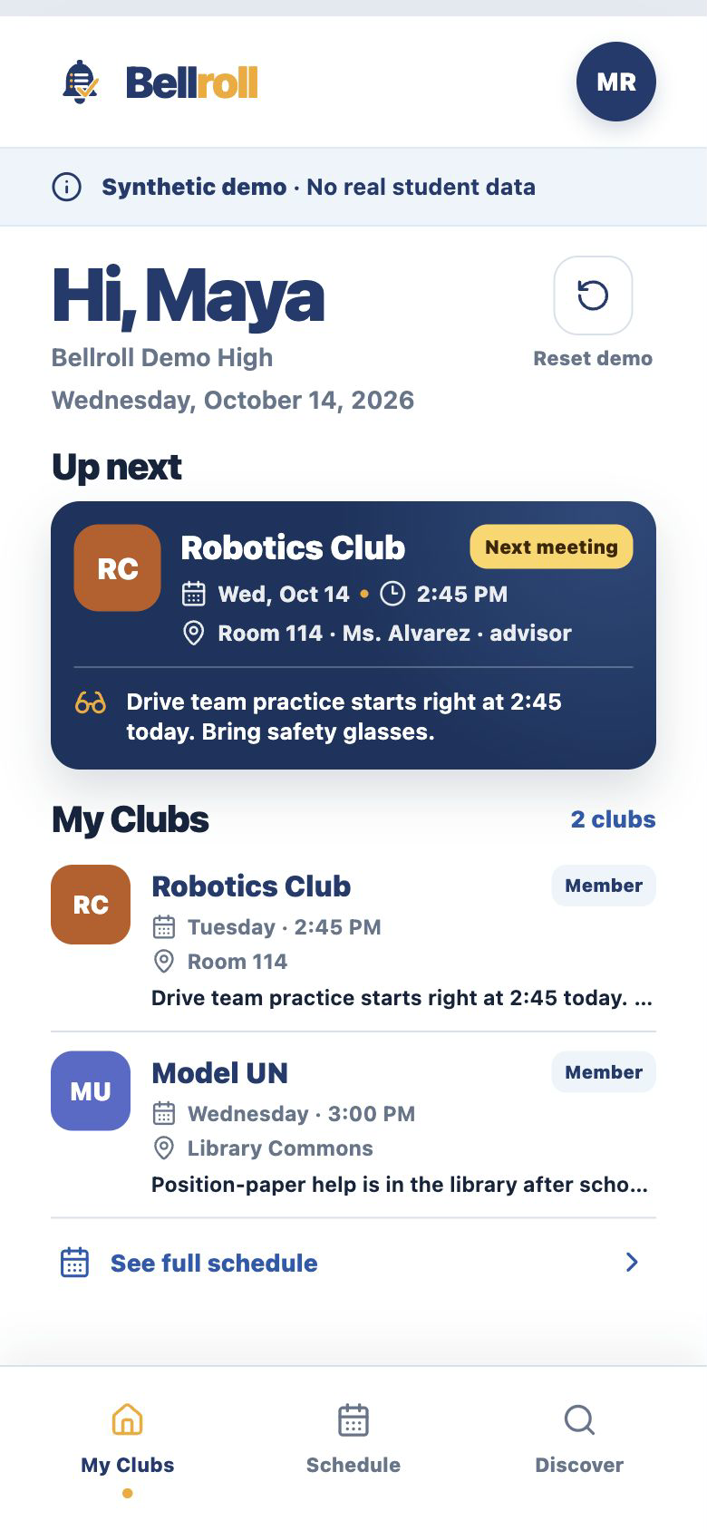 Bellroll synthetic Student home showing a made-up Robotics Club meeting and sample club memberships