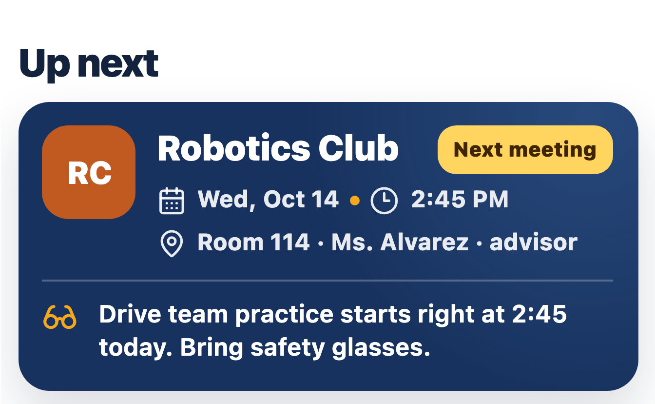 Synthetic Student view showing the next Robotics Club meeting in Room 114 with Ms. Alvarez